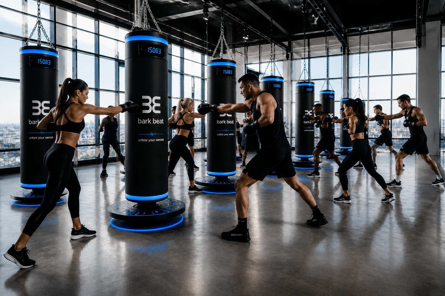 Athletes training in sync on suspended smart boxing bags with blue LED rings